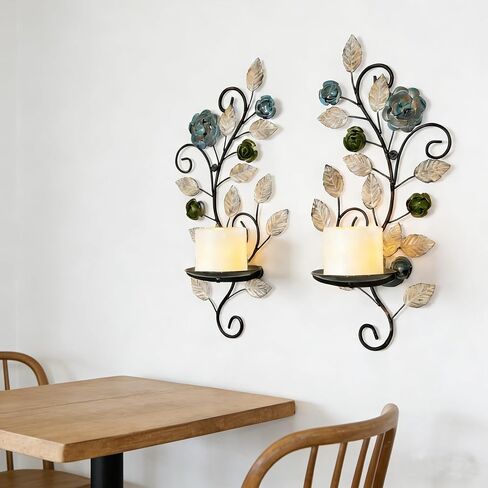 مجموعة حوامل شموع معدنية للحائط مكونة من 2، حامل شموع على شكل أوراق ريفية وفرع زهور لتزيين الحائط لغرفة المعيشة ومدفأة الزفاف in Kuwait
