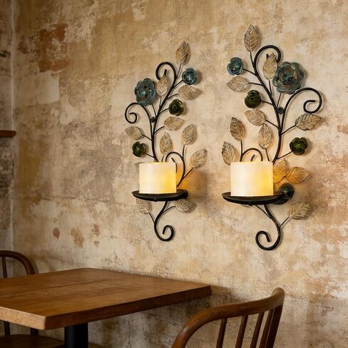مجموعة حوامل شموع معدنية للحائط مكونة من 2، حامل شموع على شكل أوراق ريفية وفرع زهور لتزيين الحائط لغرفة المعيشة ومدفأة الزفاف in Kuwait