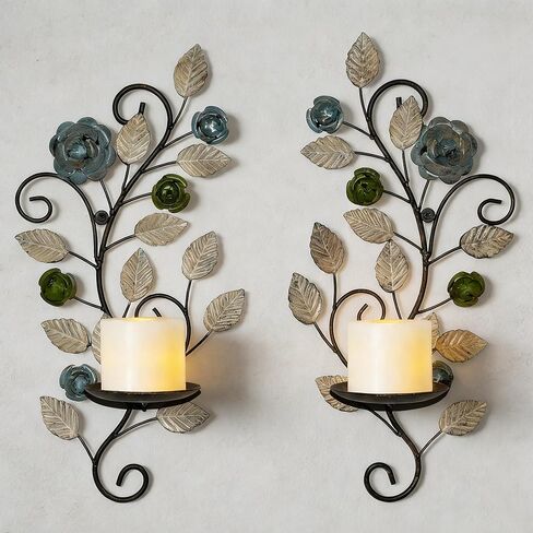 مجموعة حوامل شموع معدنية للحائط مكونة من 2، حامل شموع على شكل أوراق ريفية وفرع زهور لتزيين الحائط لغرفة المعيشة ومدفأة الزفاف in Kuwait