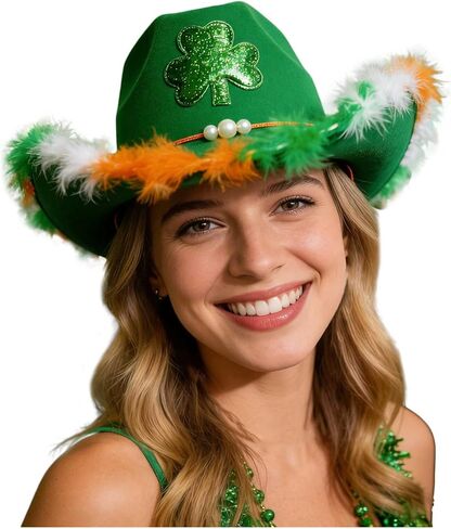 St. Patricks Day Hat with Feathers for Women Men Trendy Print Cowboy Hat for Party Club Fedora Colorful Costume in Saudi Arabia