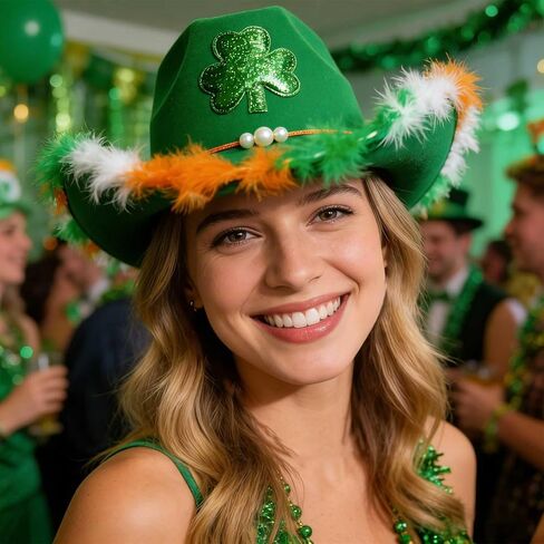 St. Patricks Day Hat with Feathers for Women Men Trendy Print Cowboy Hat for Party Club Fedora Colorful Costume in Saudi Arabia
