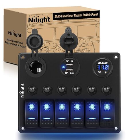 Nilight - 90107D 4 Gang Rocker Switch Panel مقاومة للماء لوحة مفاتيح سلكية مسبقًا مع شاحن USB ومقبس طاقة وصمام DC 12V 24V لوحة مفاتيح متأرجحة لشاحنات السيارات والمركبات RV، ضمان لمدة عامين in Saudi Arabia