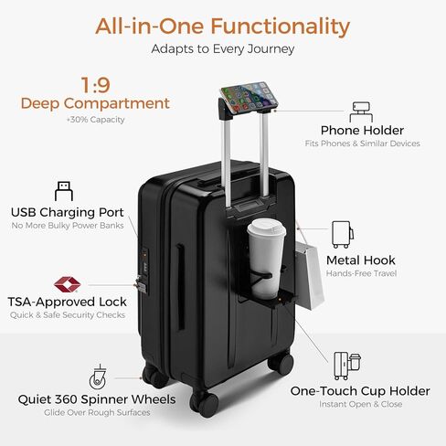 Carry On Luggage Top Opening with Cup Holder & Phone Holder, Expandable PC Hard Shell Suitcase, USB Charging Port, Side Hook, 360° Spinner Wheels, TSA Lock & YKK Zippers for Women Man Gifts in Saudi Arabia