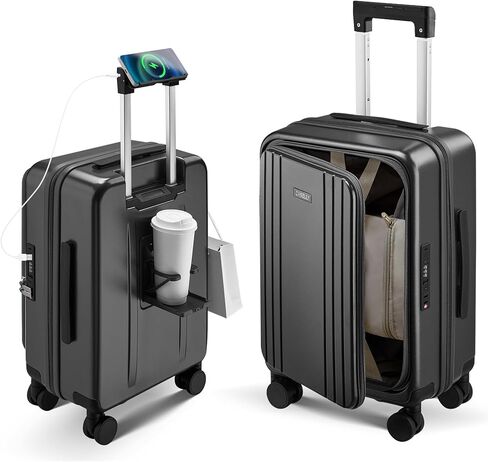 Carry On Luggage Top Opening with Cup Holder & Phone Holder, Expandable PC Hard Shell Suitcase, USB Charging Port, Side Hook, 360° Spinner Wheels, TSA Lock & YKK Zippers for Women Man Gifts in Saudi Arabia