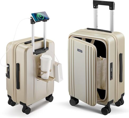 Carry On Luggage Top Opening with Cup Holder & Phone Holder, Expandable PC Hard Shell Suitcase, USB Charging Port, Side Hook, 360° Spinner Wheels, TSA Lock & YKK Zippers for Women Man Gifts in Saudi Arabia