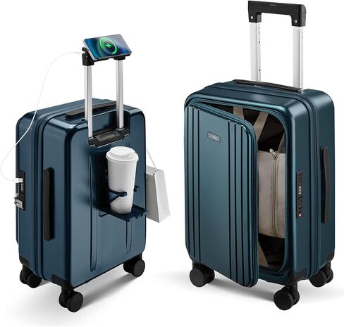 Carry On Luggage Top Opening with Cup Holder & Phone Holder, Expandable PC Hard Shell Suitcase, USB Charging Port, Side Hook, 360° Spinner Wheels, TSA Lock & YKK Zippers for Women Man Gifts in Saudi Arabia