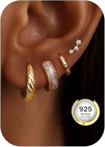 JeryWe Hypoallergenic Hoop Earrings for Women S925 Sterling Silver Post Chunky Cartilage Earring Stacks Non Tarnish 14K Gold Filled Small Hoops Stud Set Jewelry in Saudi Arabia