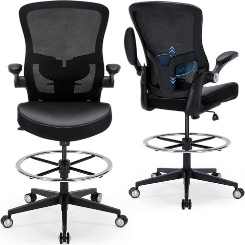 كرسي صياغة 400 رطل كرسي مكتب طويل القامة كبير وطويل مريح كرسي مكتب قائم مع دعم قطني وحلقة مسند للقدمين قابلة للتعديل، كرسي مريح شبكي عريض مع مساند للذراعين قابلة للطي، أسود in Kuwait