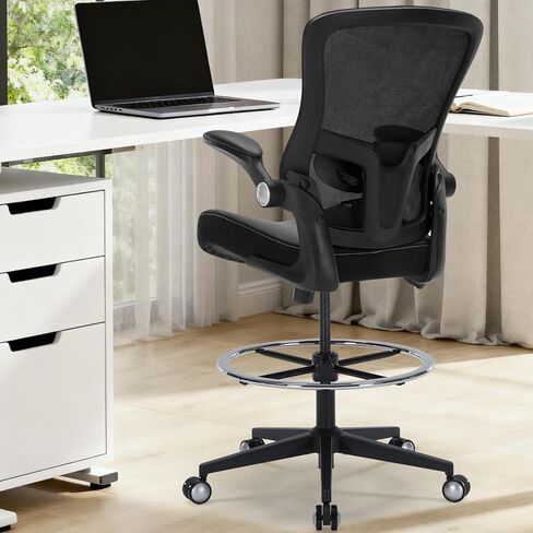 كرسي صياغة 400 رطل كرسي مكتب طويل القامة كبير وطويل مريح كرسي مكتب قائم مع دعم قطني وحلقة مسند للقدمين قابلة للتعديل، كرسي مريح شبكي عريض مع مساند للذراعين قابلة للطي، أسود in Kuwait