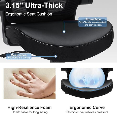 كرسي صياغة 400 رطل كرسي مكتب طويل القامة كبير وطويل مريح كرسي مكتب قائم مع دعم قطني وحلقة مسند للقدمين قابلة للتعديل، كرسي مريح شبكي عريض مع مساند للذراعين قابلة للطي، أسود in Kuwait