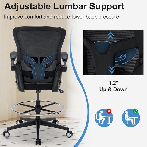 كرسي صياغة 400 رطل كرسي مكتب طويل القامة كبير وطويل مريح كرسي مكتب قائم مع دعم قطني وحلقة مسند للقدمين قابلة للتعديل، كرسي مريح شبكي عريض مع مساند للذراعين قابلة للطي، أسود in Kuwait