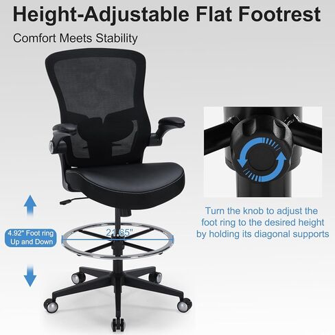 كرسي صياغة 400 رطل كرسي مكتب طويل القامة كبير وطويل مريح كرسي مكتب قائم مع دعم قطني وحلقة مسند للقدمين قابلة للتعديل، كرسي مريح شبكي عريض مع مساند للذراعين قابلة للطي، أسود in Kuwait