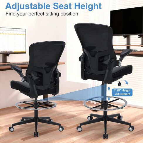 كرسي صياغة 400 رطل كرسي مكتب طويل القامة كبير وطويل مريح كرسي مكتب قائم مع دعم قطني وحلقة مسند للقدمين قابلة للتعديل، كرسي مريح شبكي عريض مع مساند للذراعين قابلة للطي، أسود in Kuwait