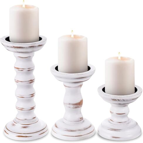 Rustic Candles Holder Set of 3 Farmhouse Wood Candle Holders Rustic Wooden Candle Stand Decorative Wood Candlestick Holdersfor Living Room, Table Centerpiece Dining Fireplace(White) in Saudi Arabia