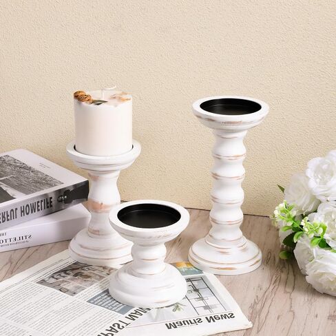 Rustic Candles Holder Set of 3 Farmhouse Wood Candle Holders Rustic Wooden Candle Stand Decorative Wood Candlestick Holdersfor Living Room, Table Centerpiece Dining Fireplace(White) in Saudi Arabia