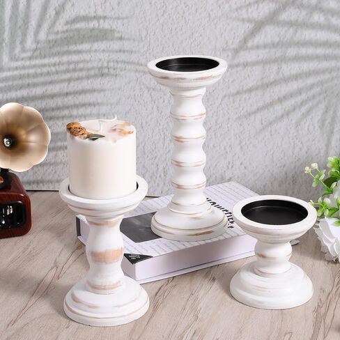 Rustic Candles Holder Set of 3 Farmhouse Wood Candle Holders Rustic Wooden Candle Stand Decorative Wood Candlestick Holdersfor Living Room, Table Centerpiece Dining Fireplace(White) in Saudi Arabia