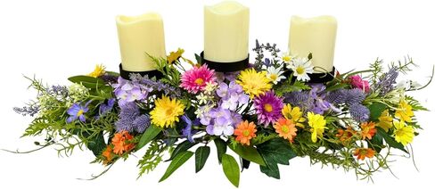 26 Inch Spring Summer Centerpiece with 3 Candle Holders Floral Table Centerpiece with Daisies and Wildflowers for Dining Table Mantel Wall and Farmhouse Table Decoration in Saudi Arabia