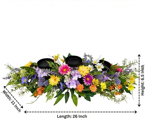 26 Inch Spring Summer Centerpiece with 3 Candle Holders Floral Table Centerpiece with Daisies and Wildflowers for Dining Table Mantel Wall and Farmhouse Table Decoration in Saudi Arabia