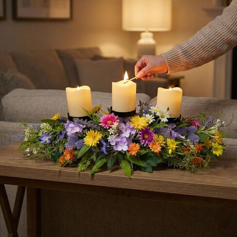 26 Inch Spring Summer Centerpiece with 3 Candle Holders Floral Table Centerpiece with Daisies and Wildflowers for Dining Table Mantel Wall and Farmhouse Table Decoration in Saudi Arabia