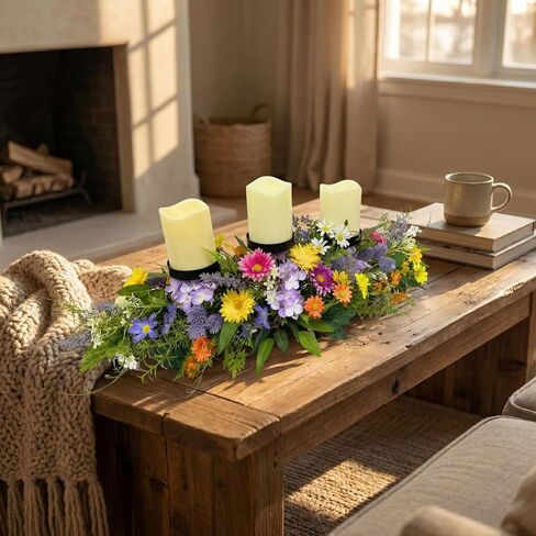 26 Inch Spring Summer Centerpiece with 3 Candle Holders Floral Table Centerpiece with Daisies and Wildflowers for Dining Table Mantel Wall and Farmhouse Table Decoration in Saudi Arabia