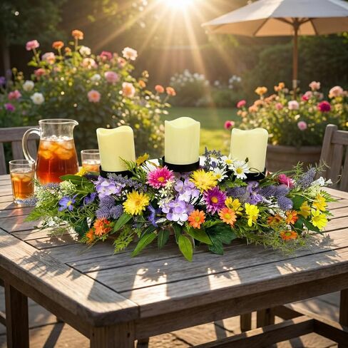 26 Inch Spring Summer Centerpiece with 3 Candle Holders Floral Table Centerpiece with Daisies and Wildflowers for Dining Table Mantel Wall and Farmhouse Table Decoration in Saudi Arabia