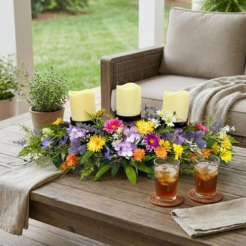 26 Inch Spring Summer Centerpiece with 3 Candle Holders Floral Table Centerpiece with Daisies and Wildflowers for Dining Table Mantel Wall and Farmhouse Table Decoration in Saudi Arabia