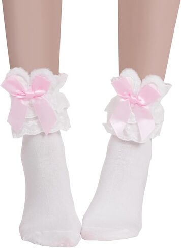 Girls Ruffle Socks with Bunny Ears and Bow,Frilly Lace Dress Socks for Kids 8-15 Years in Saudi Arabia