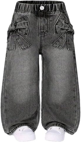 Nivne Tco Toddler Girls Baggy Jeans Casual Cute Bow Decor Versatile Loose Fit Wide Leg Black Elastic Waist Denim Pants in Saudi Arabia