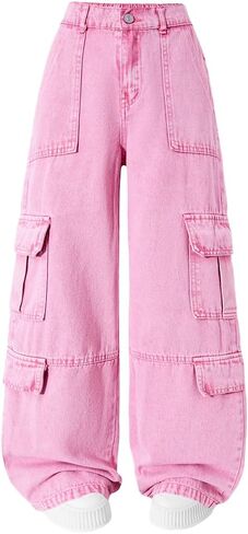 Nivne Tco Tween Girls Cargo Jeans Cool Streetwear Pink Washed Wide Leg Baggy Denim Pants with Zipper Fly in Saudi Arabia
