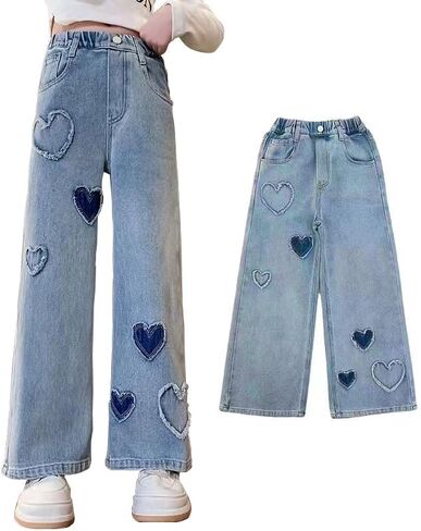 Girls' Jeans Spring & Autumn New Loose Casual Straight Leg Wide Leg with Heart Love Patch Design Comfortable Stylish Blue in Saudi Arabia