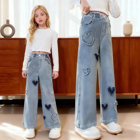 Girls' Jeans Spring & Autumn New Loose Casual Straight Leg Wide Leg with Heart Love Patch Design Comfortable Stylish Blue in Saudi Arabia