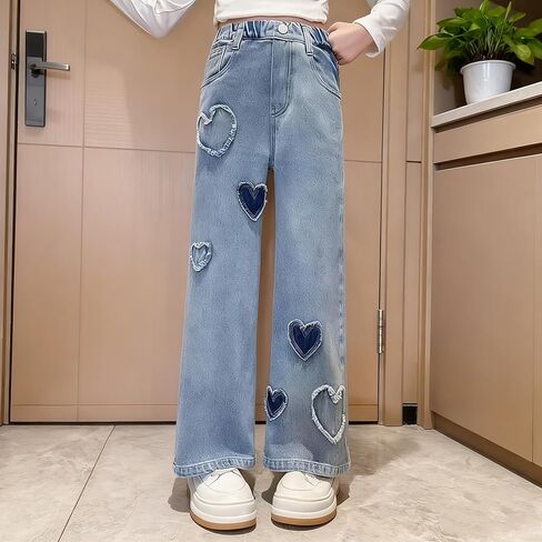 Girls' Jeans Spring & Autumn New Loose Casual Straight Leg Wide Leg with Heart Love Patch Design Comfortable Stylish Blue in Saudi Arabia