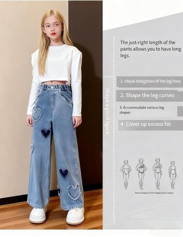 Girls' Jeans Spring & Autumn New Loose Casual Straight Leg Wide Leg with Heart Love Patch Design Comfortable Stylish Blue in Saudi Arabia