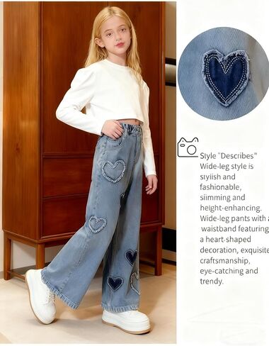 Girls' Jeans Spring & Autumn New Loose Casual Straight Leg Wide Leg with Heart Love Patch Design Comfortable Stylish Blue in Saudi Arabia