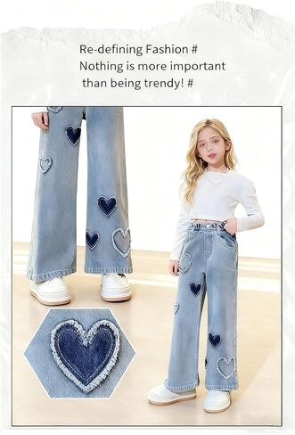 Girls' Jeans Spring & Autumn New Loose Casual Straight Leg Wide Leg with Heart Love Patch Design Comfortable Stylish Blue in Saudi Arabia