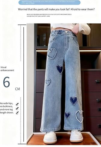 Girls' Jeans Spring & Autumn New Loose Casual Straight Leg Wide Leg with Heart Love Patch Design Comfortable Stylish Blue in Saudi Arabia