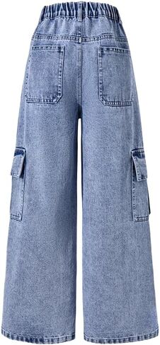 Nivne Tco Tween Girls Cargo Jeans Casual Elastic Waist Zipper Fly Baggy Wide Leg Denim Pants with Flap Pockets in Saudi Arabia