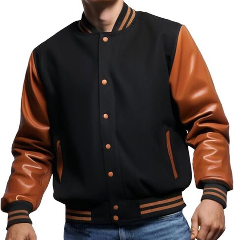 Bomber Varsity Jacket Men College Baseball Jacket Wool Blend and Faux Leather Letterman Jackets in Kuwait