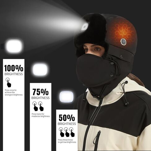 قبعة ساخنة مع المصابيح الأمامية، USB قابلة للشحن بدون استخدام اليدين كشافات LED قبعة الصياد للرجال النساء قبعة الشتاء الفراء الصناعي يندبروف in Kuwait