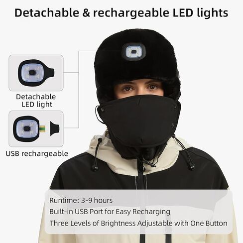 قبعة ساخنة مع المصابيح الأمامية، USB قابلة للشحن بدون استخدام اليدين كشافات LED قبعة الصياد للرجال النساء قبعة الشتاء الفراء الصناعي يندبروف in Kuwait