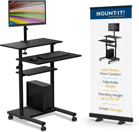 Mount-It Mobile Stand Up Desk / Height Adjustable Computer Work Station Rolling Presentation Cart With Monitor Arm (MI-7942B), Black in Kuwait