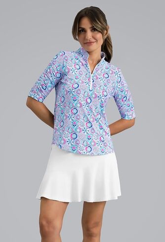 IBKUL UPF 50+ Sun Protection, Icefil Cooling, Moisture-Wicking Alexis Ruched Elbow Sleeve Mandarin Collar Top in Saudi Arabia