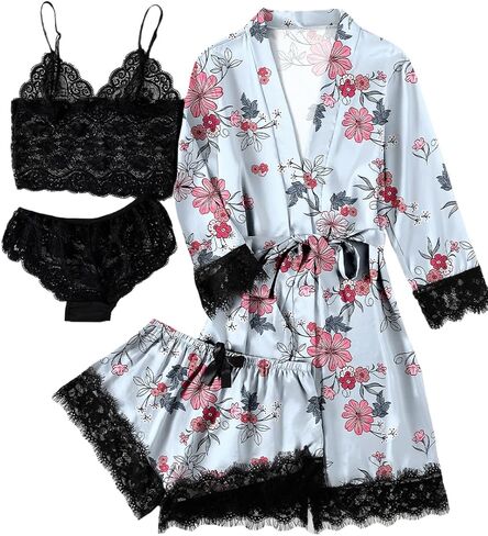 LYANER Women's 4pcs Sleepwear Satin Floral Lace Trim Cami Pajama Set with Robe in Kuwait