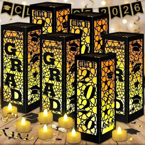 6 Pcs Graduation Table Centerpieces Boxes Class of 2024 Graduation Table Lanterns for Centerpieces with LED Candles Congrats Grad School College Party for Graduation Party Table Decorations in Kuwait