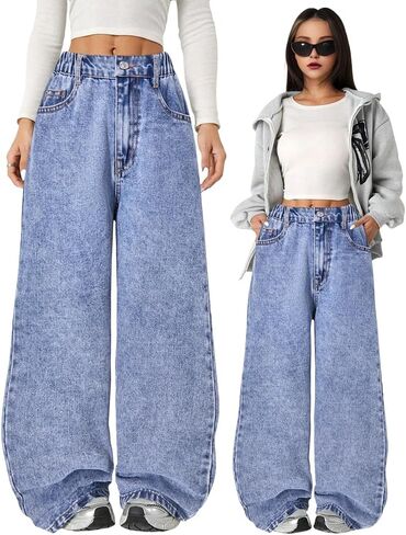 Nivne Tco Tween Girls Baggy Jeans Casual Elastic Waist & Zipper Fly Streetwear Wide Leg Denim Pants with Five Pockets in Saudi Arabia