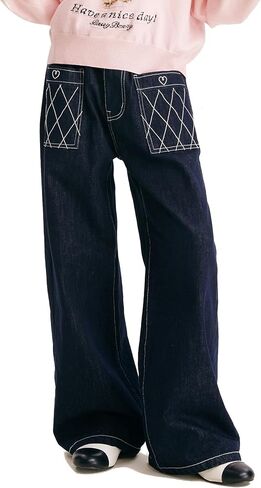 Girls High Waisted Wide Leg Jeans Heart & Diamond Stitching Elastic Waist Dark Denim Pants for Girls 6-16Y in Saudi Arabia