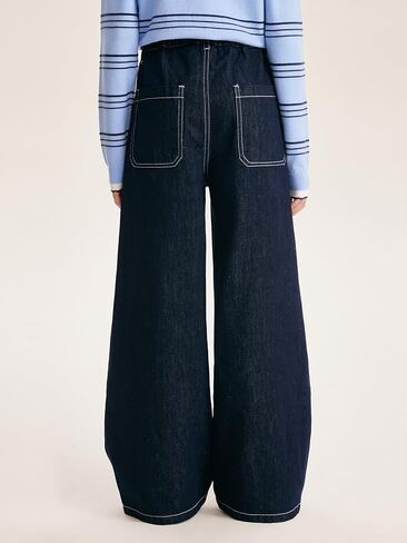 Girls High Waisted Wide Leg Jeans Heart & Diamond Stitching Elastic Waist Dark Denim Pants for Girls 6-16Y in Saudi Arabia