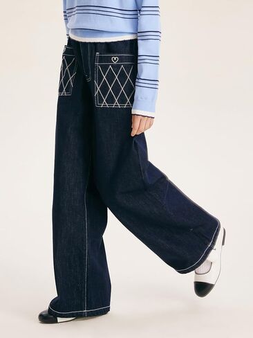 Girls High Waisted Wide Leg Jeans Heart & Diamond Stitching Elastic Waist Dark Denim Pants for Girls 6-16Y in Saudi Arabia