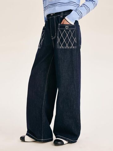 Girls High Waisted Wide Leg Jeans Heart & Diamond Stitching Elastic Waist Dark Denim Pants for Girls 6-16Y in Saudi Arabia