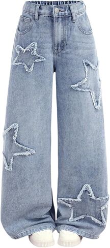WDIRARA Girl's Star Patched Jeans Y2k Frayed Trim Baggy Denim Pants Streetwear in Saudi Arabia